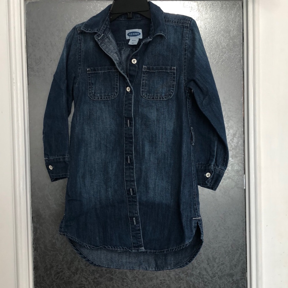 Denim girls dress with belt loops at waist.